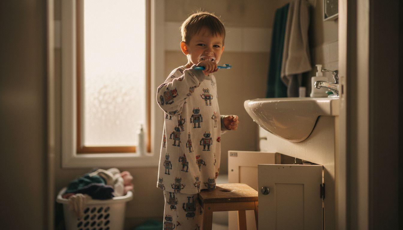 Child brushing teeth with foam in bathroom