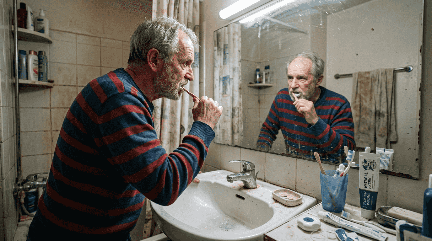 Elderly man uses natural toothpaste at sink