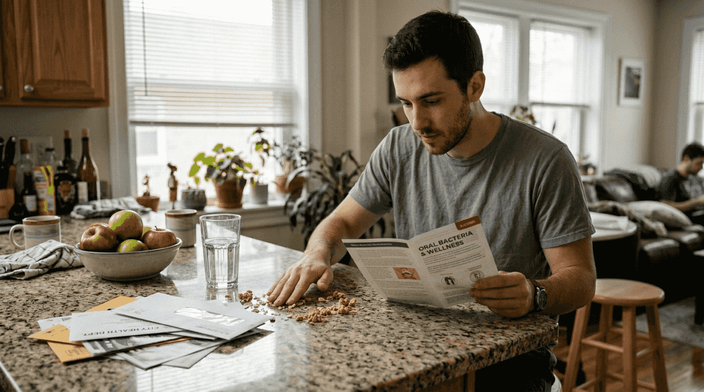 Man reading about oral bacteria health