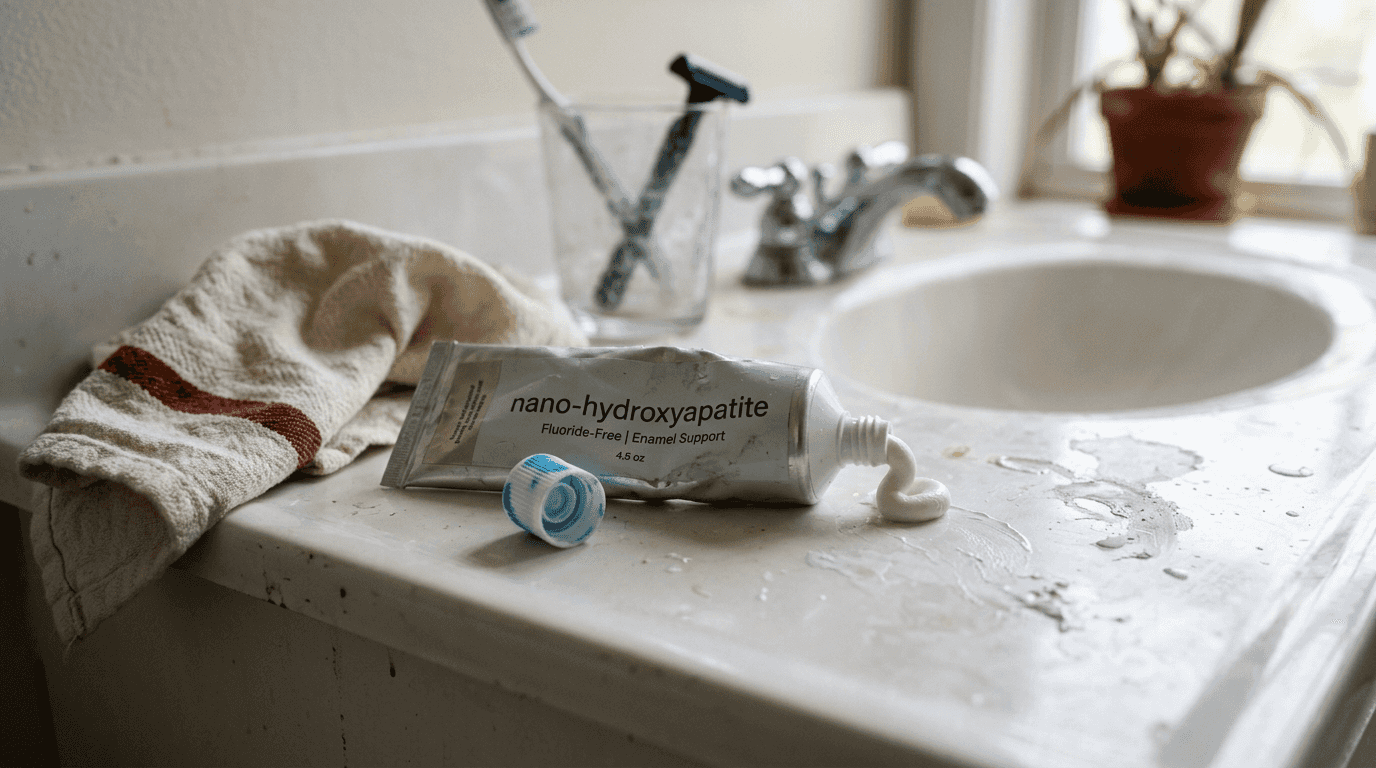 Close-up nano-hydroxyapatite toothpaste tube