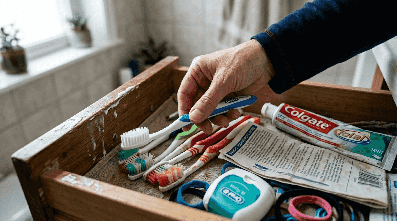 Hand choosing soft toothbrush among several