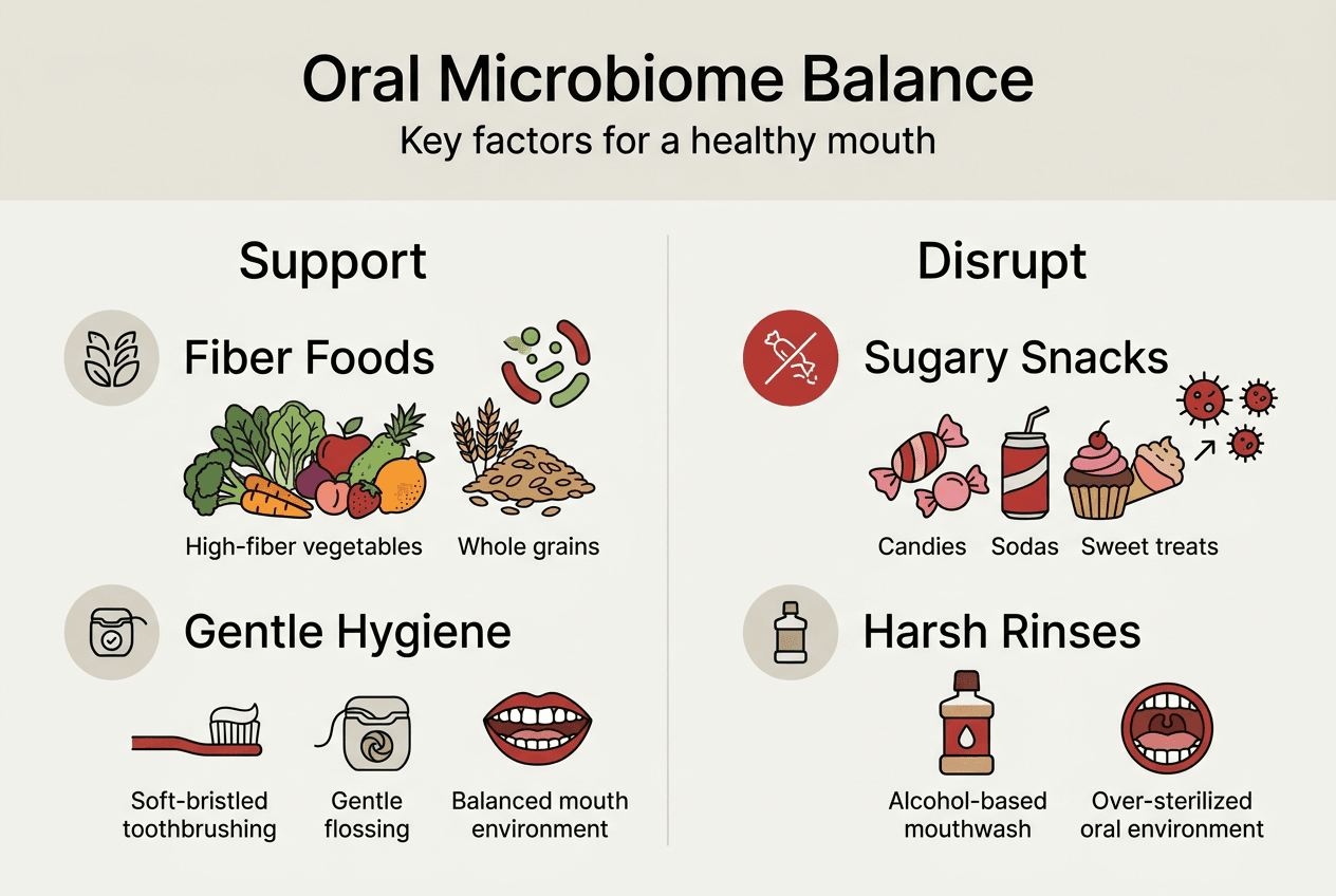 Infographic showing ways to balance oral microbiome