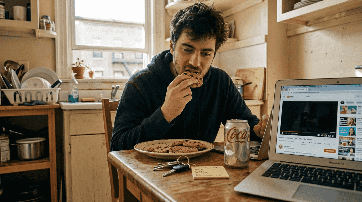 Young man eating sugary snacks at table