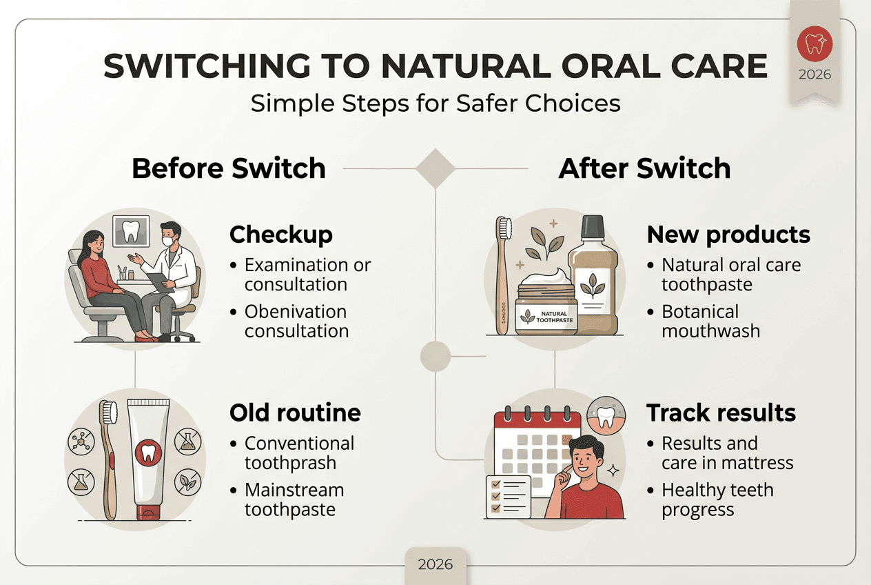 Infographic showing steps for natural oral care transition