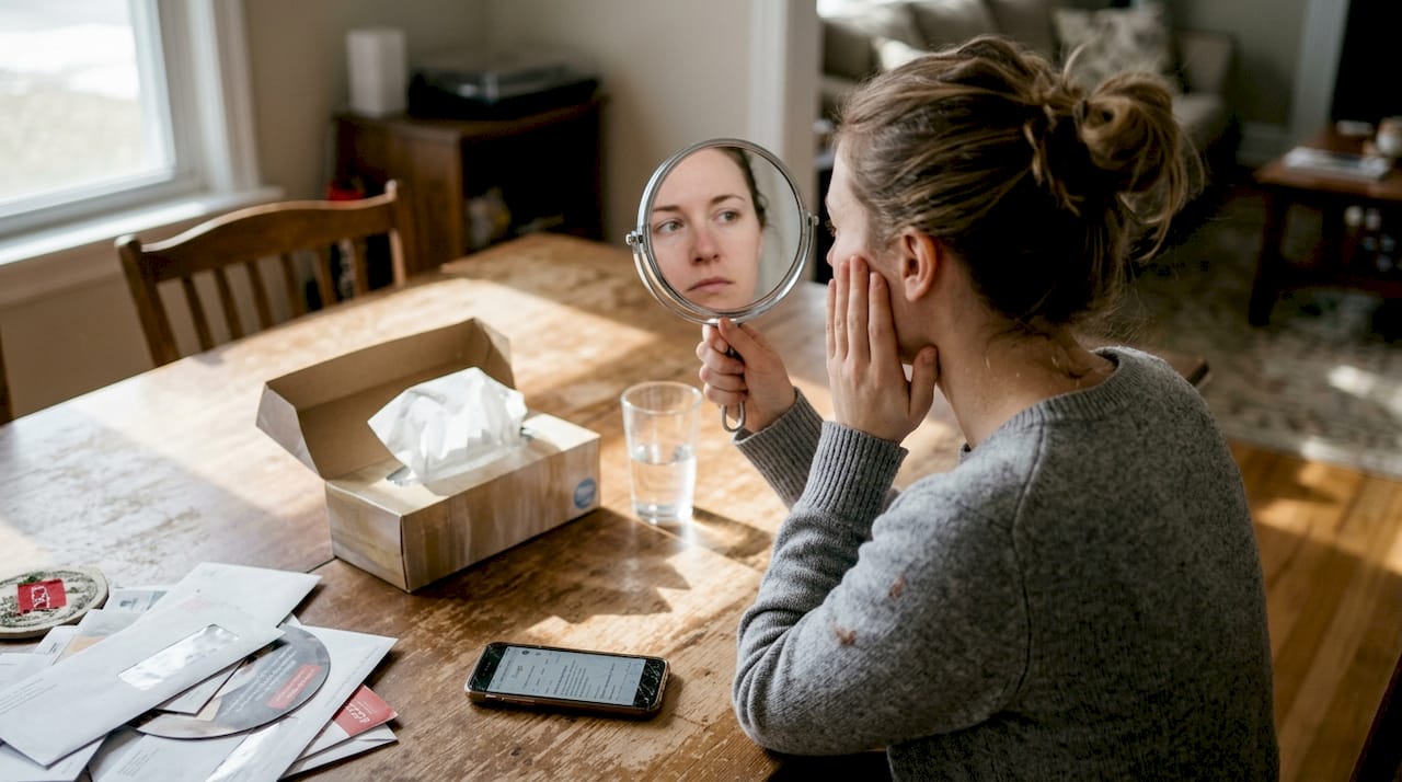 Woman checking mouth sore with handheld mirror
