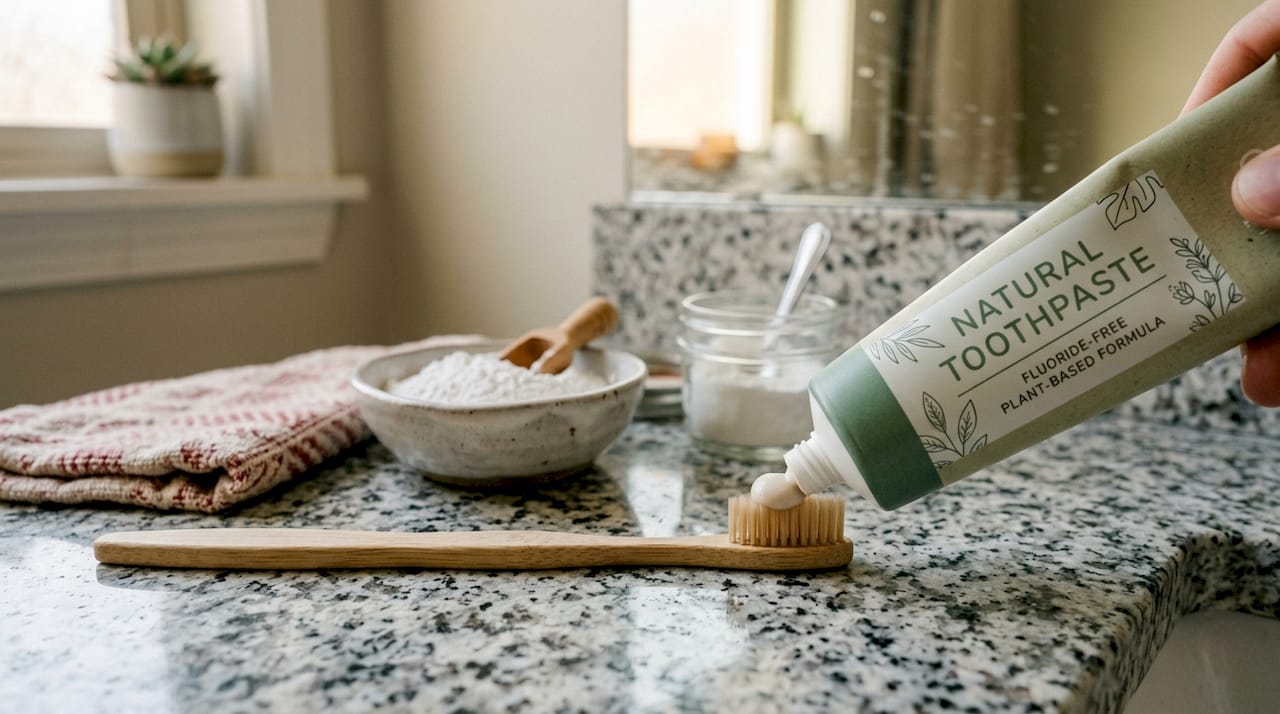 Natural toothpaste and wooden toothbrush on bathroom countertop