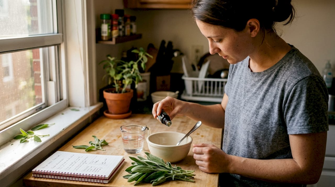 Preparing DIY herbal mouthwash in kitchen