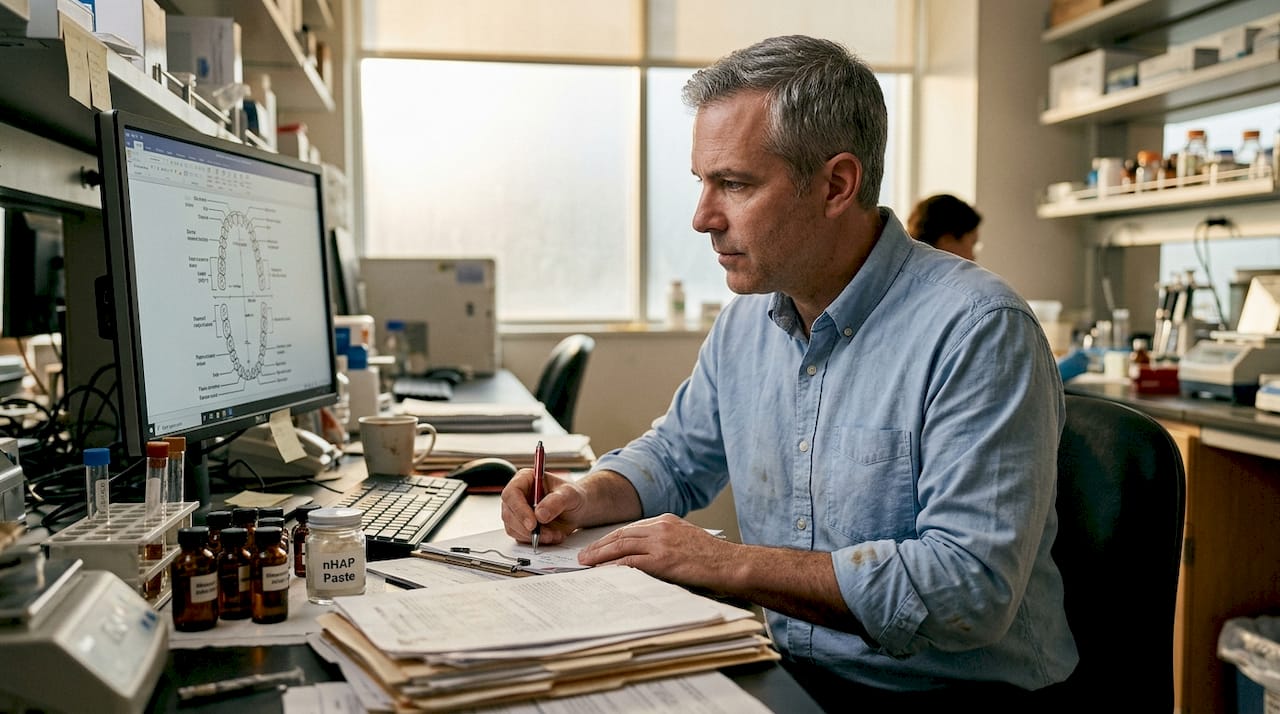 Dental researcher analyzing nanohydroxyapatite samples