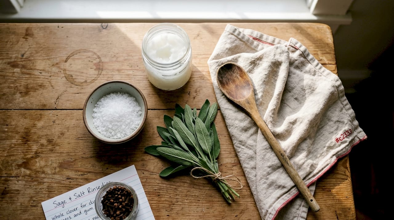 Natural remedies for gum health on kitchen table