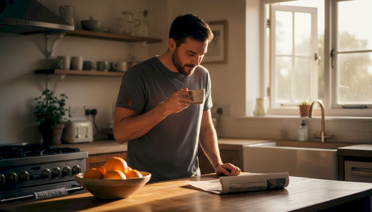Man oil pulling at kitchen counter