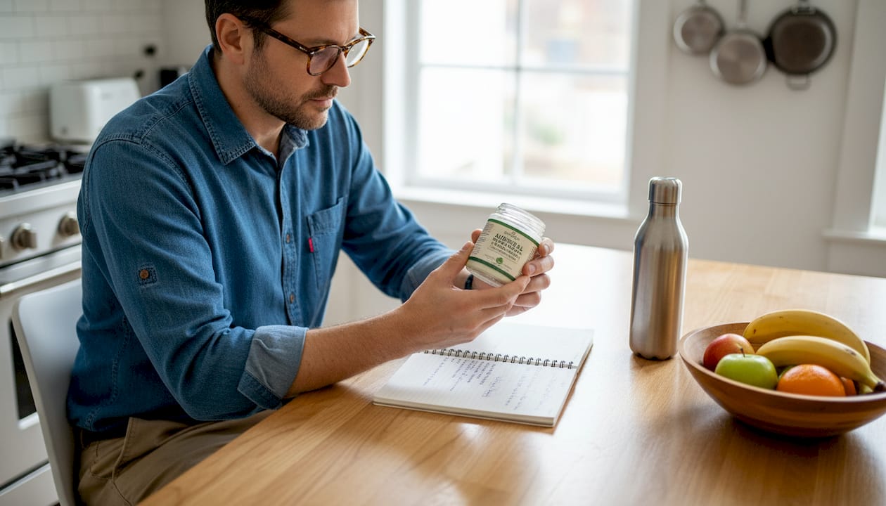 Man reading natural toothpaste label at kitchen table