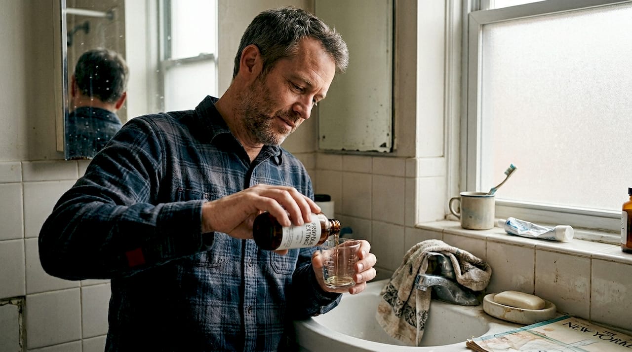 Man preparing natural oral care rinse