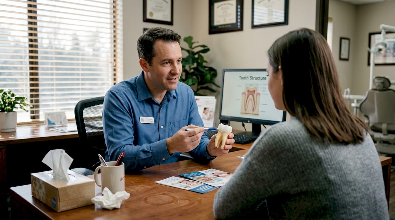 Dentist showing tooth enamel model to patient
