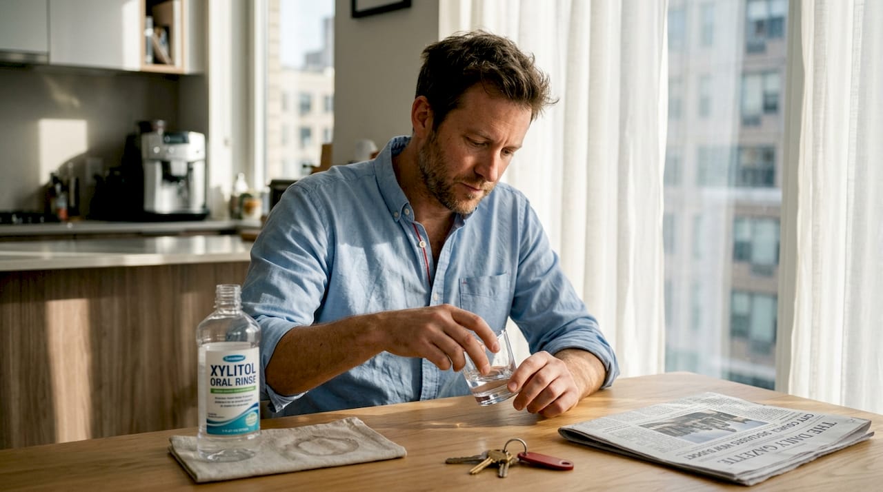Man using xylitol mouthwash at kitchen table