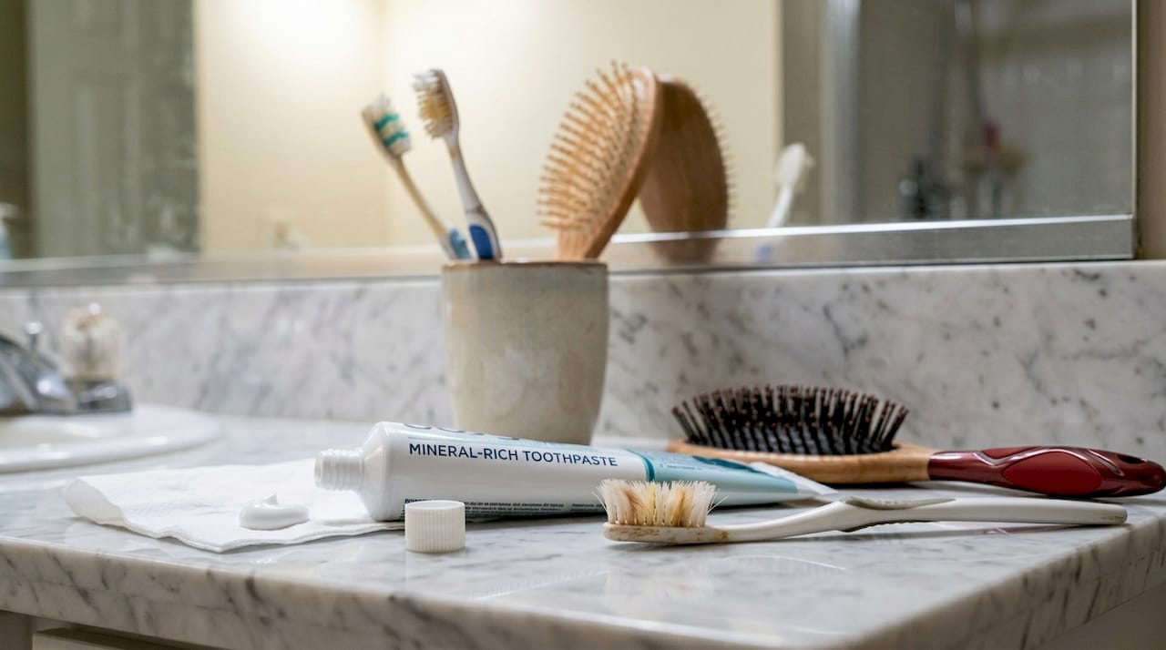 Close-up mineral toothpaste tube and brush