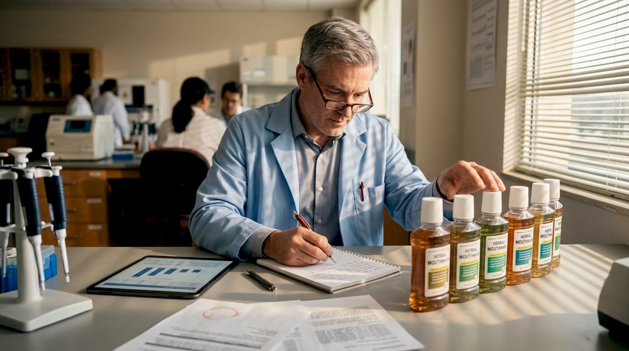 Dental researcher studies herbal mouthwash bottles