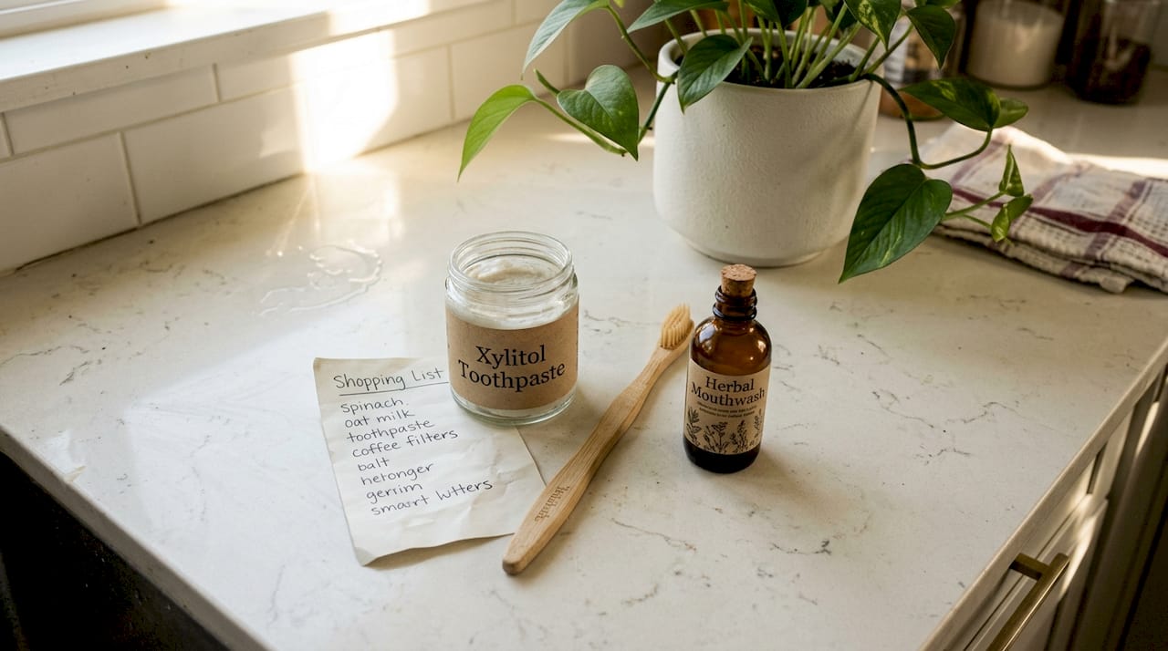 Natural oral care products on kitchen counter