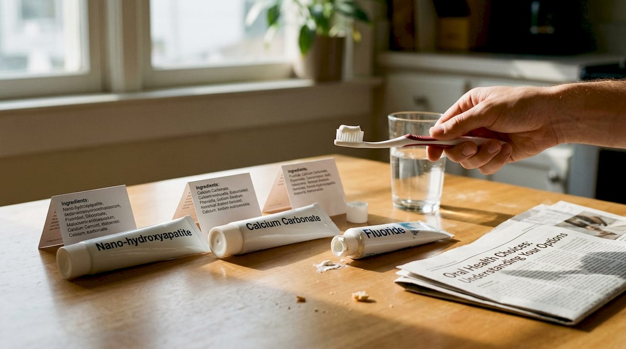 Three toothpastes compared on kitchen table