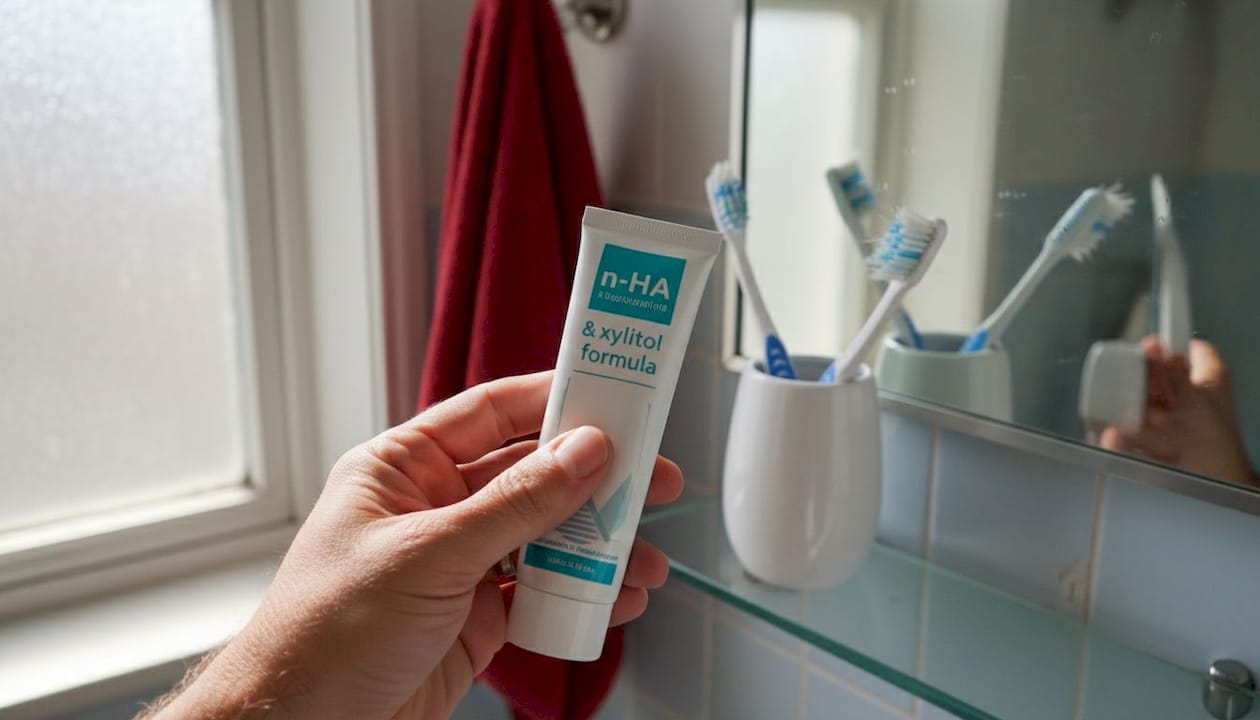 Nano-hydroxyapatite and xylitol toothpaste in bathroom