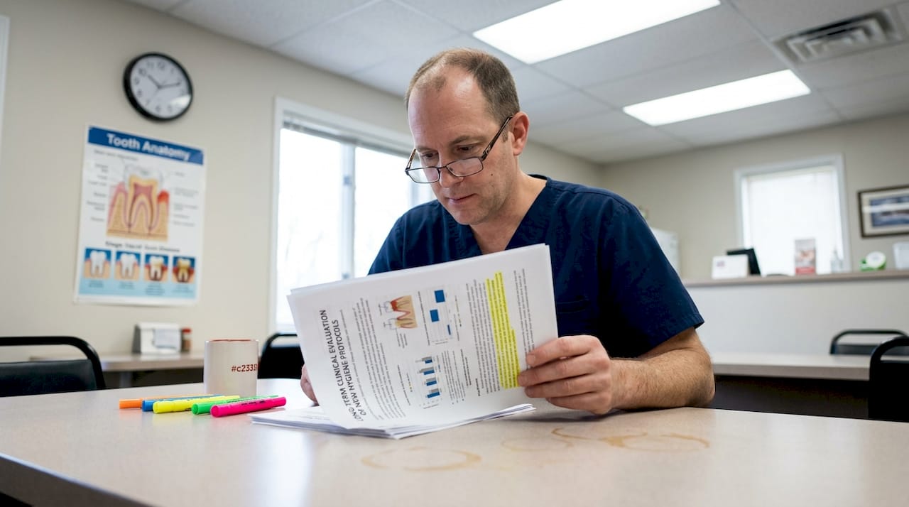 Dental hygienist reading oral health research