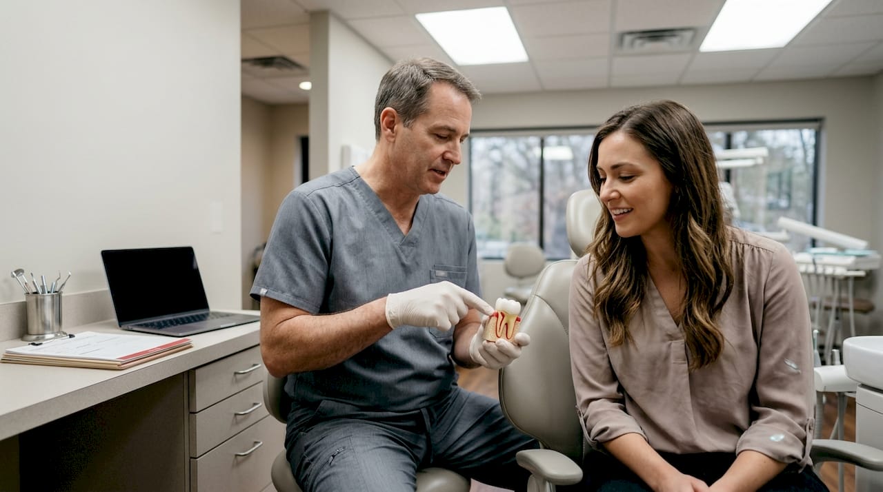 Dentist explaining gum disease with tooth model