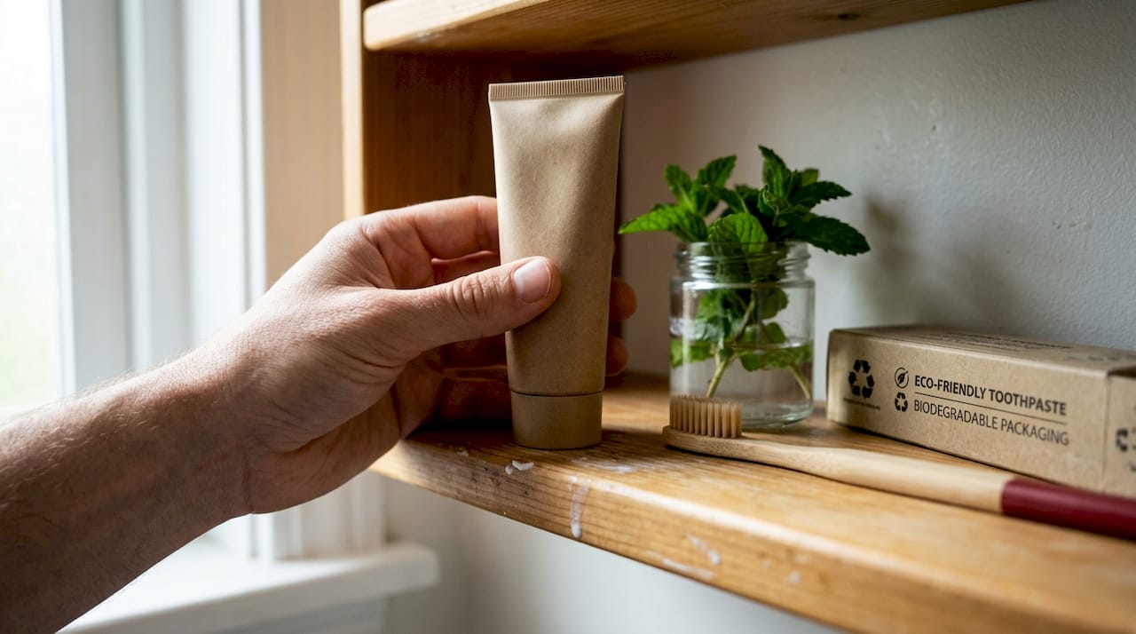 Eco-friendly toothpaste and bamboo toothbrush on shelf