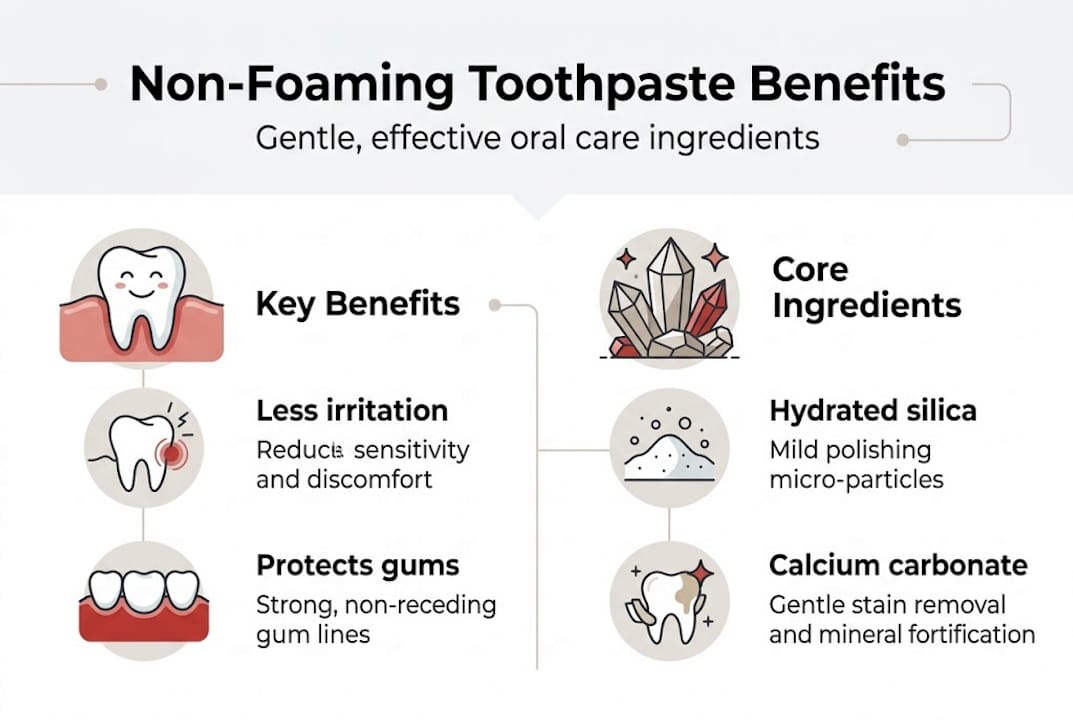 Infographic showing non-foaming toothpaste benefits and ingredients