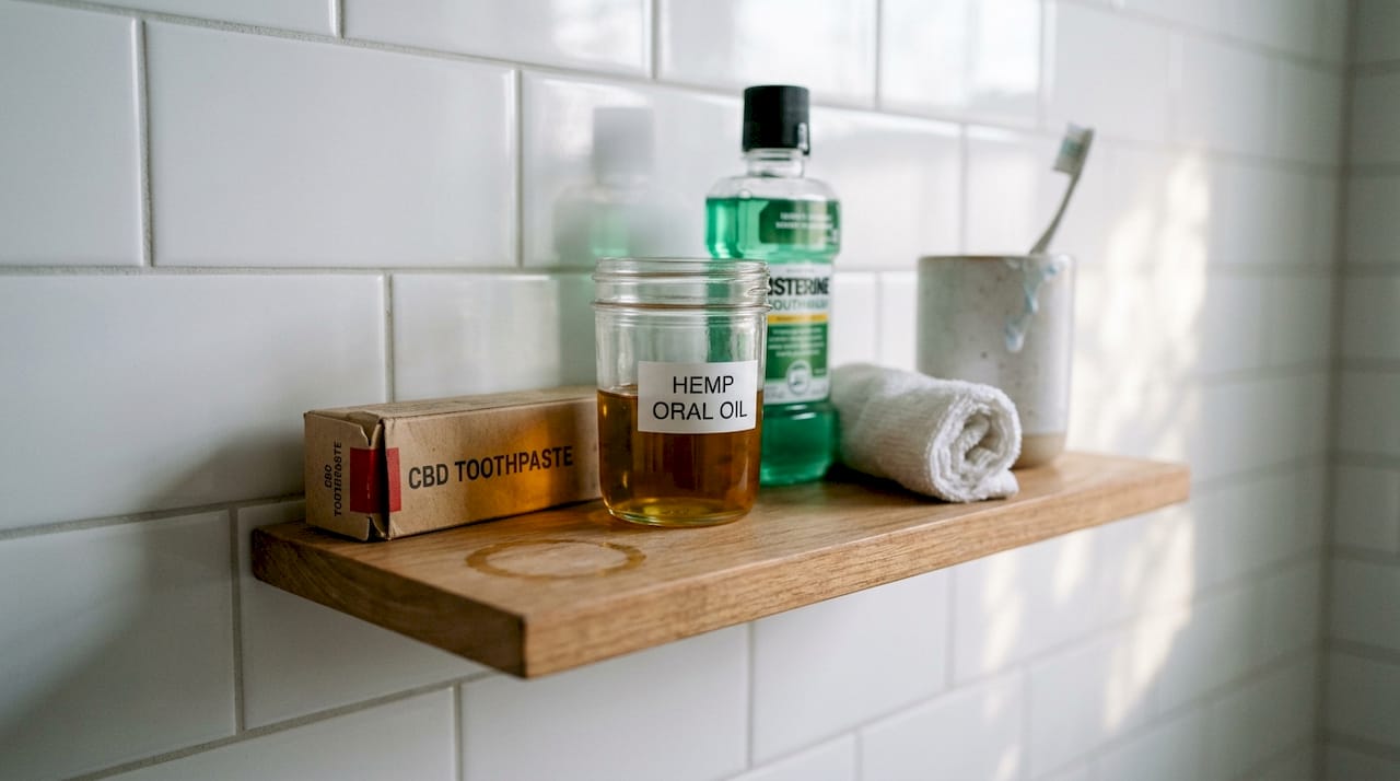 Hemp oral care products on small shelf