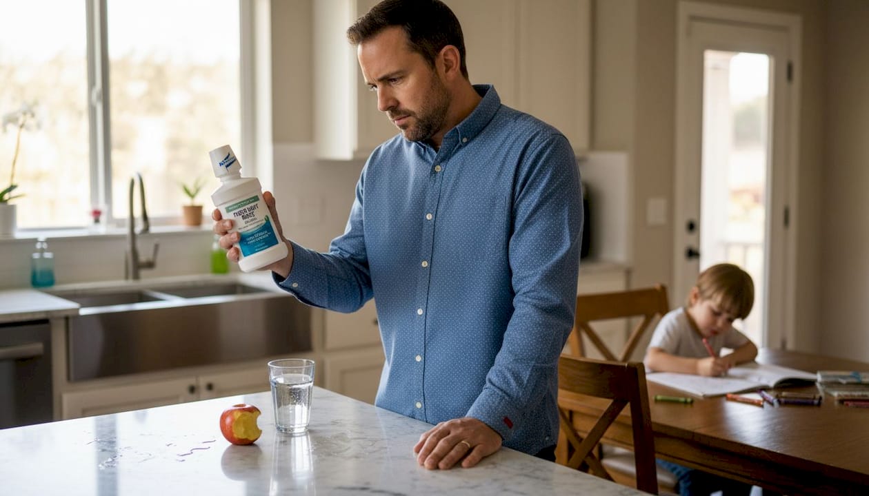 Parent reading mouthwash label in kitchen
