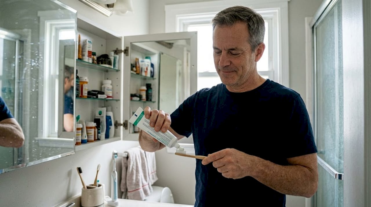 Man checks hydroxyapatite toothpaste ingredients