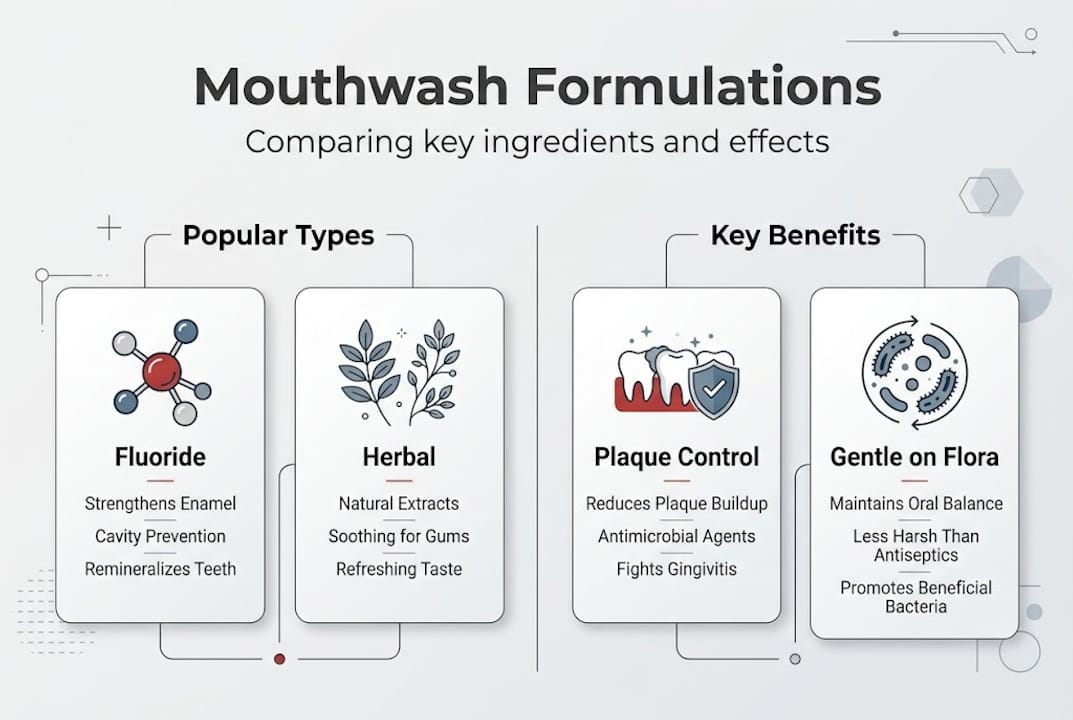 Infographic comparing mouthwash formulations and effects