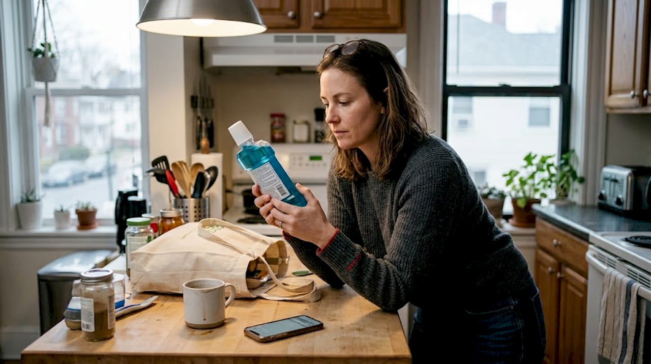 Woman checks mouthwash label details in kitchen