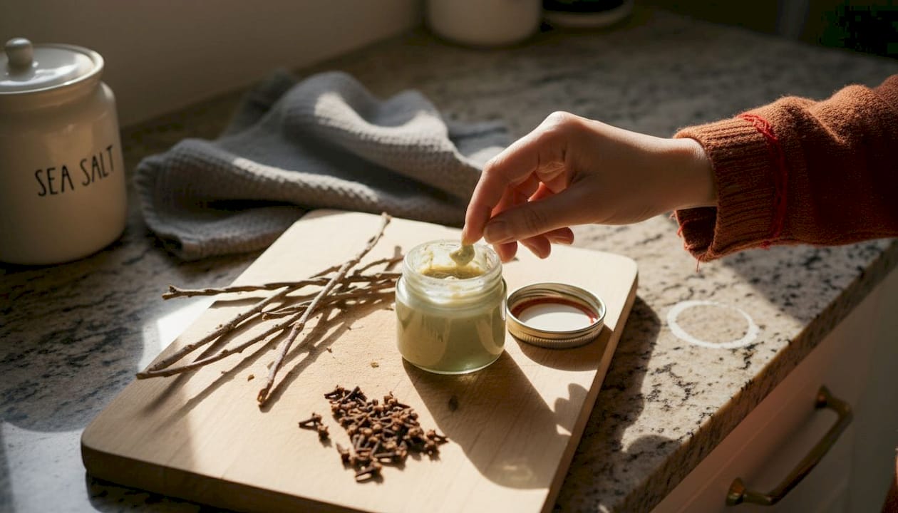Natural oral care ingredients on kitchen counter