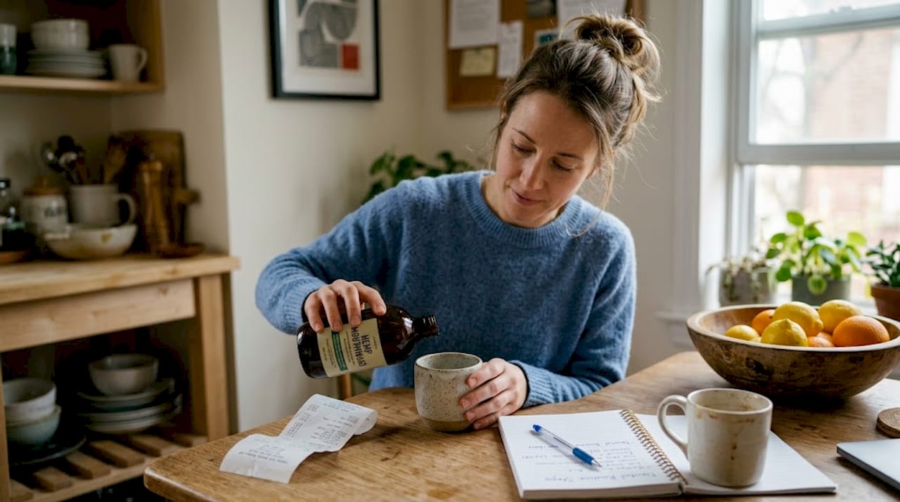 Woman preparing hemp mouthwash at kitchen table
