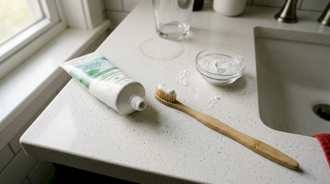 Natural toothpaste and ingredients on countertop