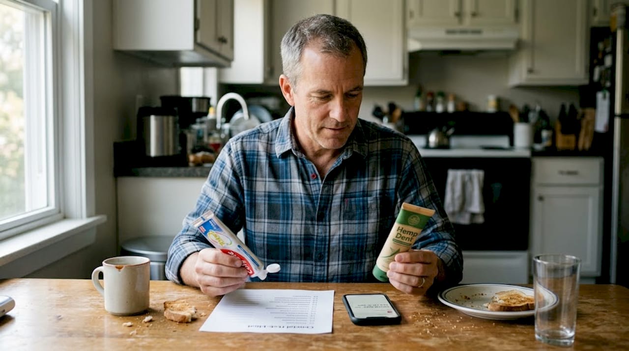 Man reviewing hemp toothpaste checklist at table