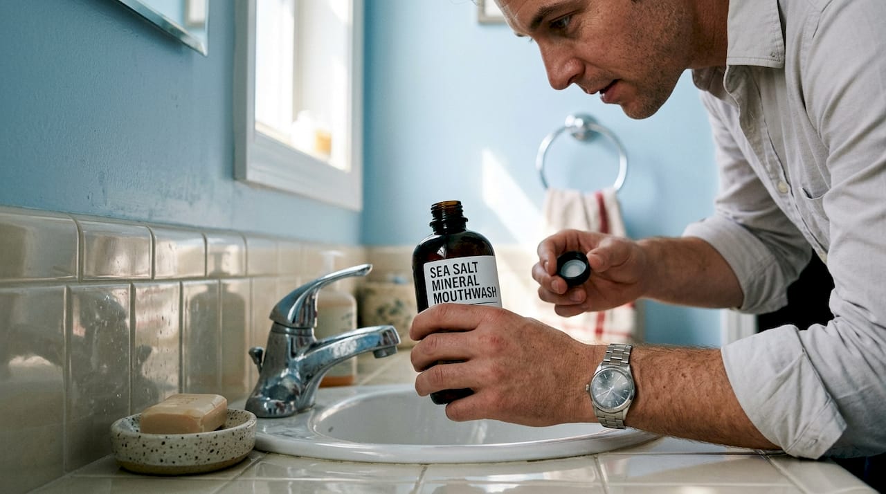 Hands holding sea salt mouthwash bottle