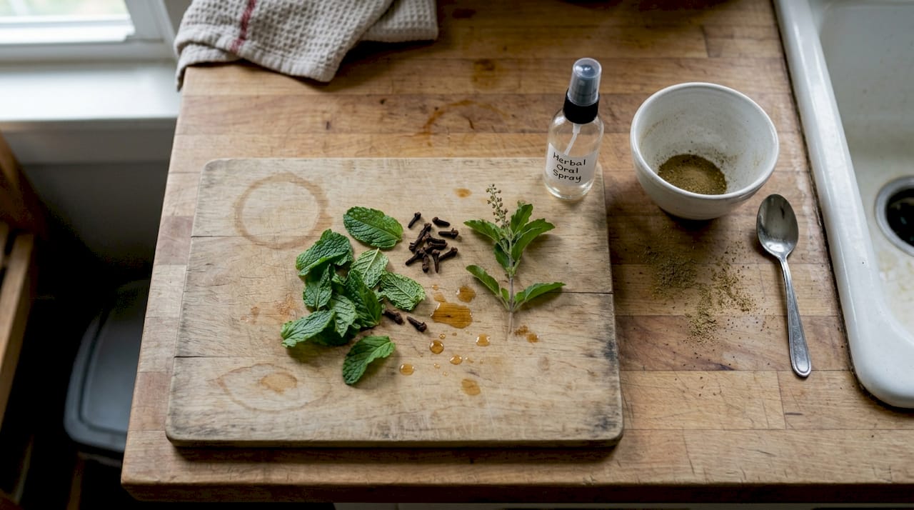 Natural oral spray ingredients on kitchen counter