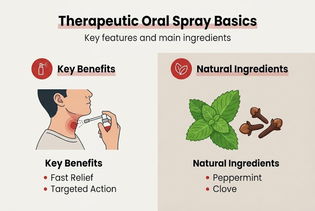 Infographic with oral spray benefits and ingredients