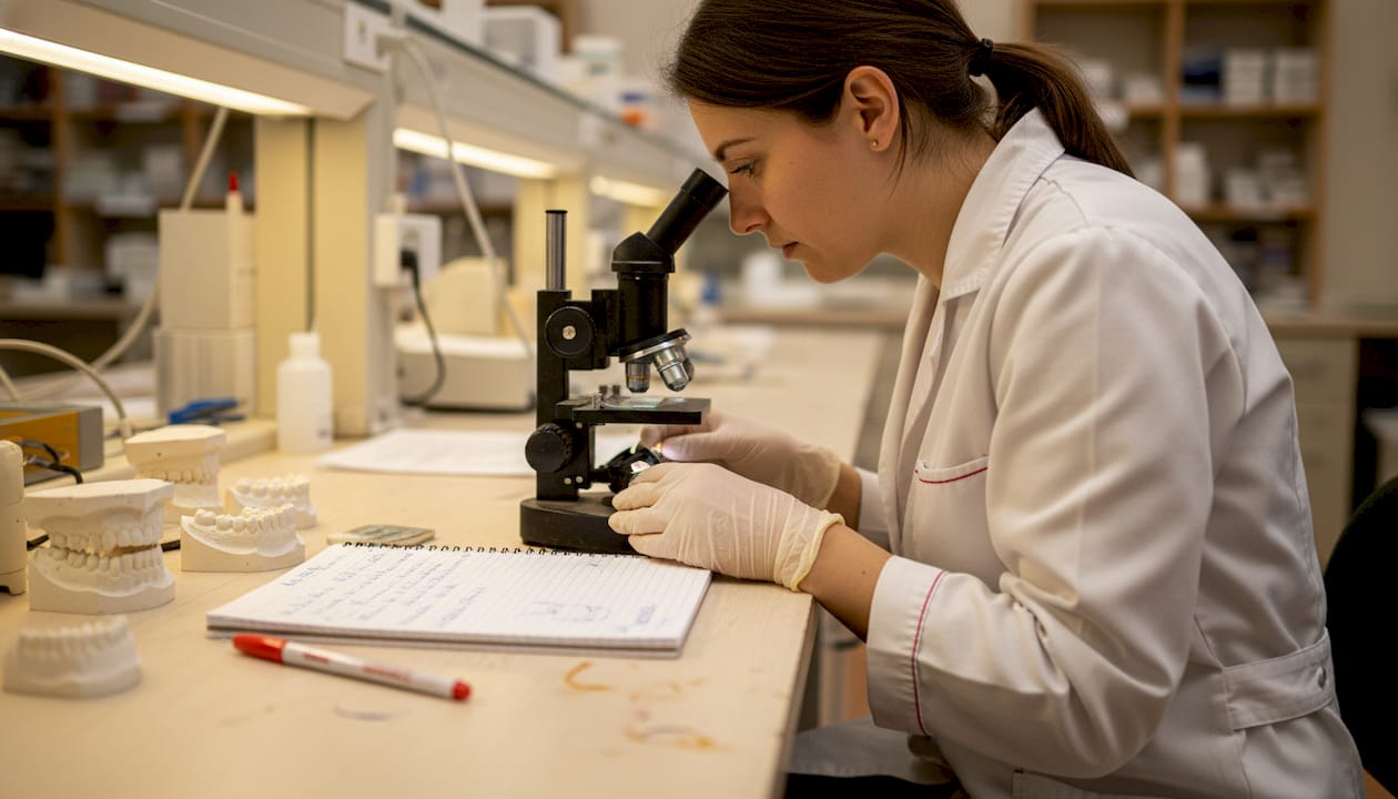 Researcher observing enamel under microscope