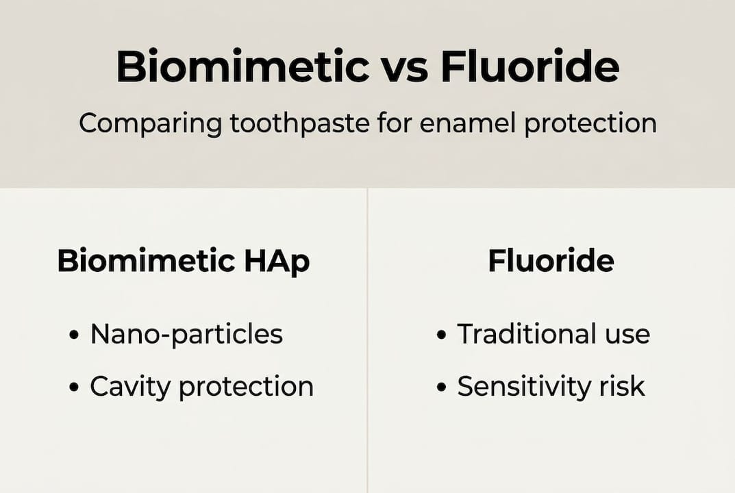 Infographic showing biomimetic versus fluoride toothpaste