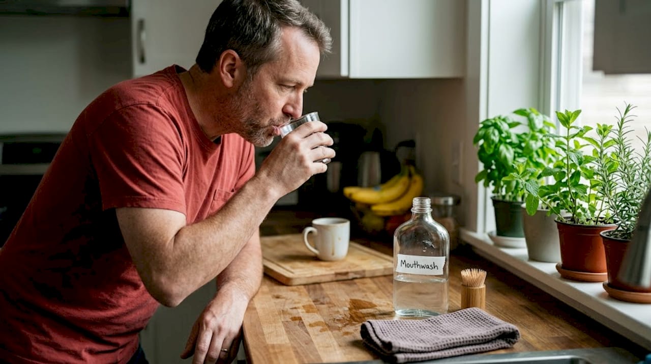 Man using herbal mouthwash in a kitchen setting