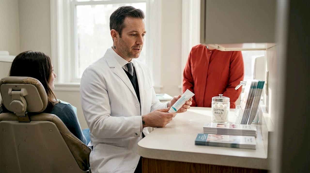 Dentist presents remineralizing toothpaste in studio