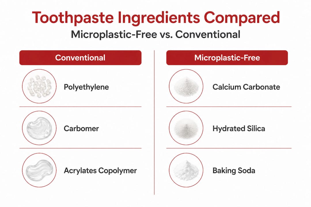 Infographic comparing microplastic-free vs. conventional toothpaste ingredients