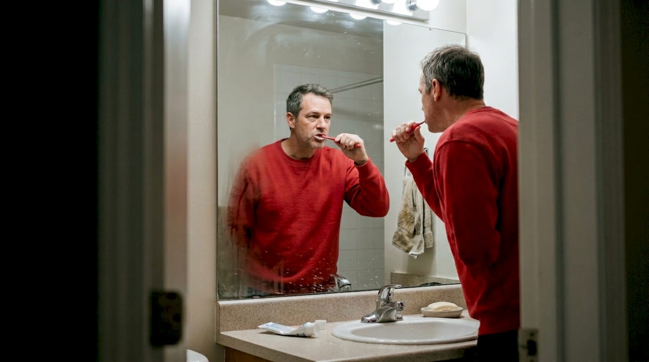 Man brushing teeth gently at sink