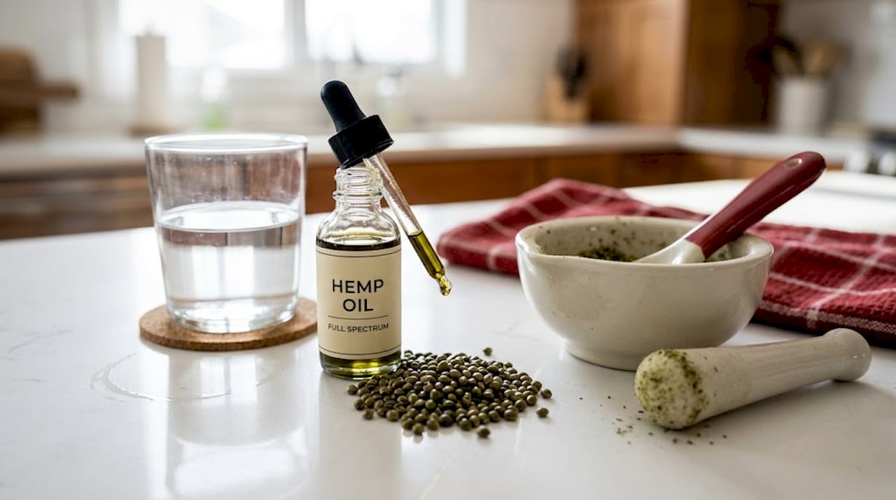 Hemp oil ingredients on kitchen counter