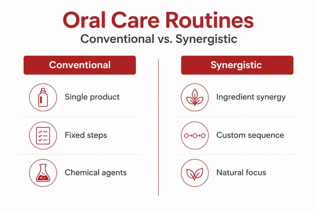 Infographic comparing conventional and synergistic oral care