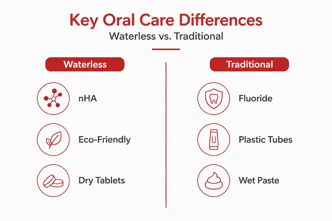 Infographic comparing waterless and traditional oral care