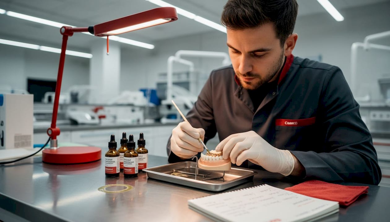 Dental technician applies hemp dental coating