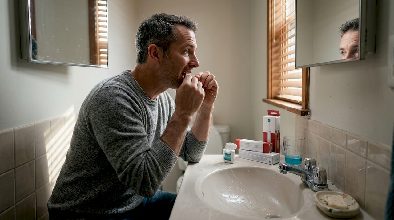 Man flossing teeth in apartment bathroom
